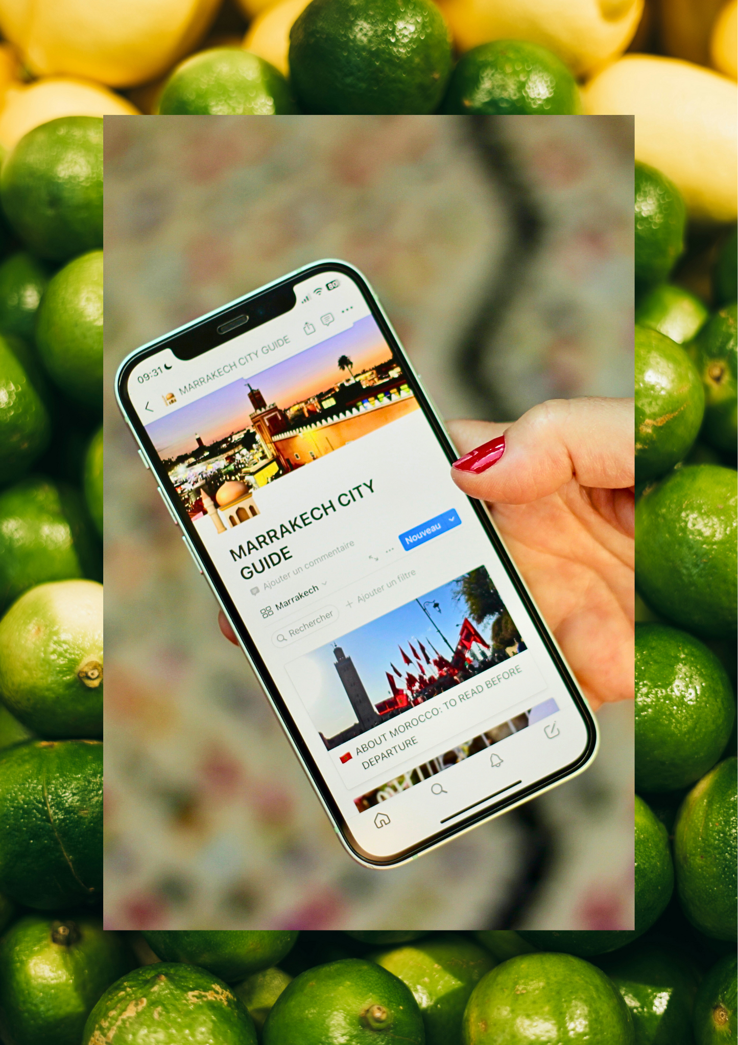 A digital touristic guide about Marrakech, Morocco. A hand holding an iPhone opening an app with images of Marrakech and Morocco. "Marrakech City Guide" is the title, with Golden Hour Club logo. The first page is called "Marrakech advice: to read before departure (advice, food, vocabulary)". The app looks clear and minimalistic, super handy and easy to use, to make your travel easy and stress-free