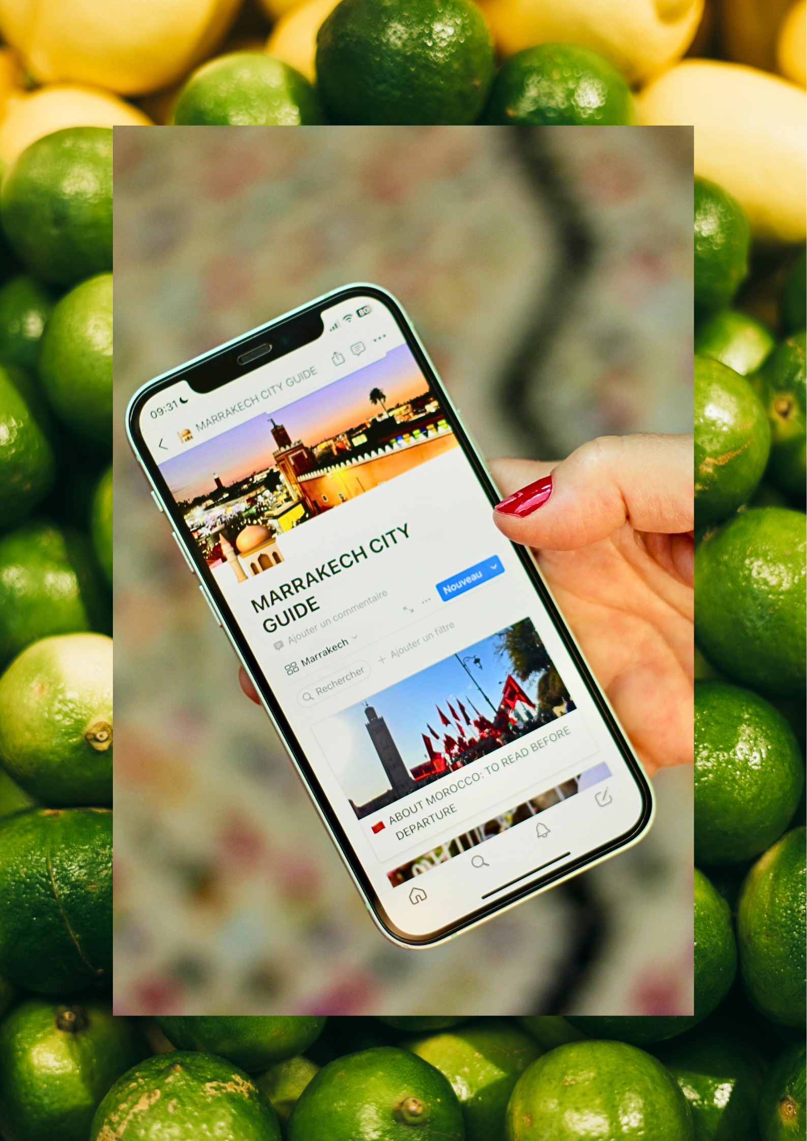 A digital touristic guide about Marrakech, Morocco. A hand holding an iPhone opening an app with images of Marrakech and Morocco. "Marrakech City Guide" is the title, with Golden Hour Club logo. The first page is called "Marrakech advice: to read before departure (advice, food, vocabulary)". The app looks clear and minimalistic, super handy and easy to use, to make your travel easy and stress-free