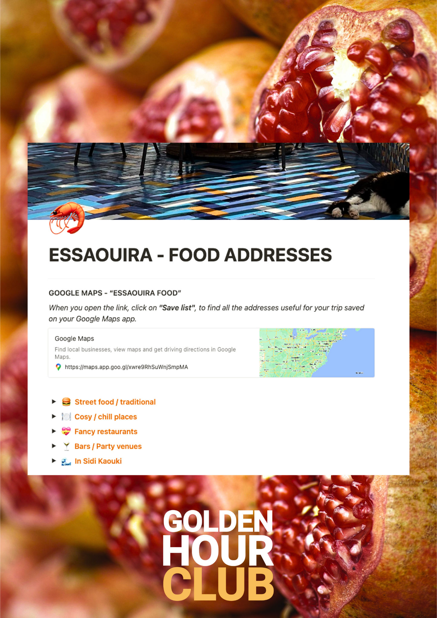 A digital travel guide about Essaouira, Morocco. An extract of the guide, opened on an app, on the page called "Essaouira food". The app looks clear and minimalistic, super handy and easy to use, to make your travel easy and stress-free. You can see a Google Map to save all the addresses, and different categories to organise the different spots: Street food and traditional, chill places, fancy restaurants, bars & party venues, places in Sidi Kaouki, a surf village nearby, in Essaouira region.